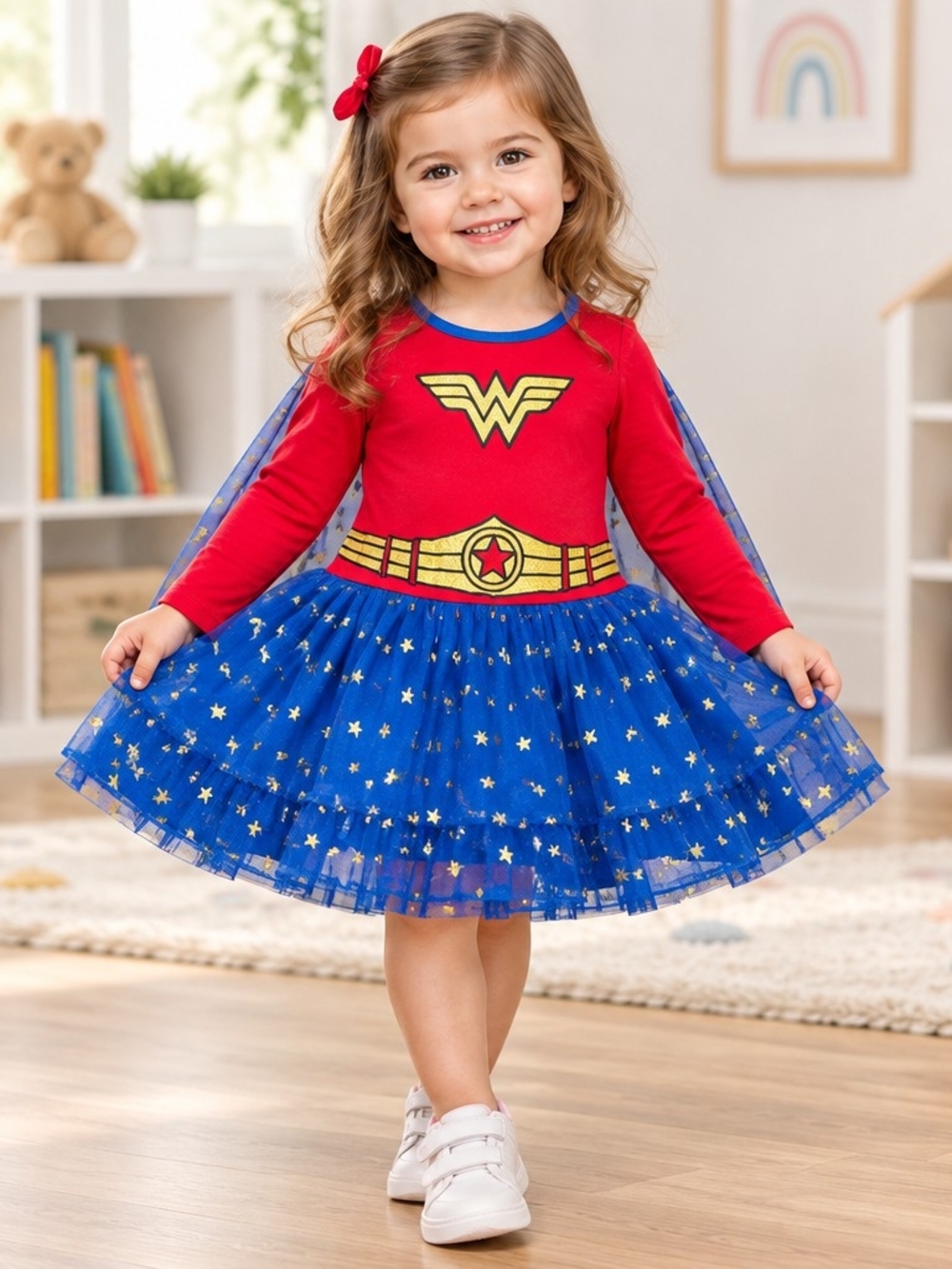 Girls Red & Blue Superhero Tutu Dress with Gold Accents
